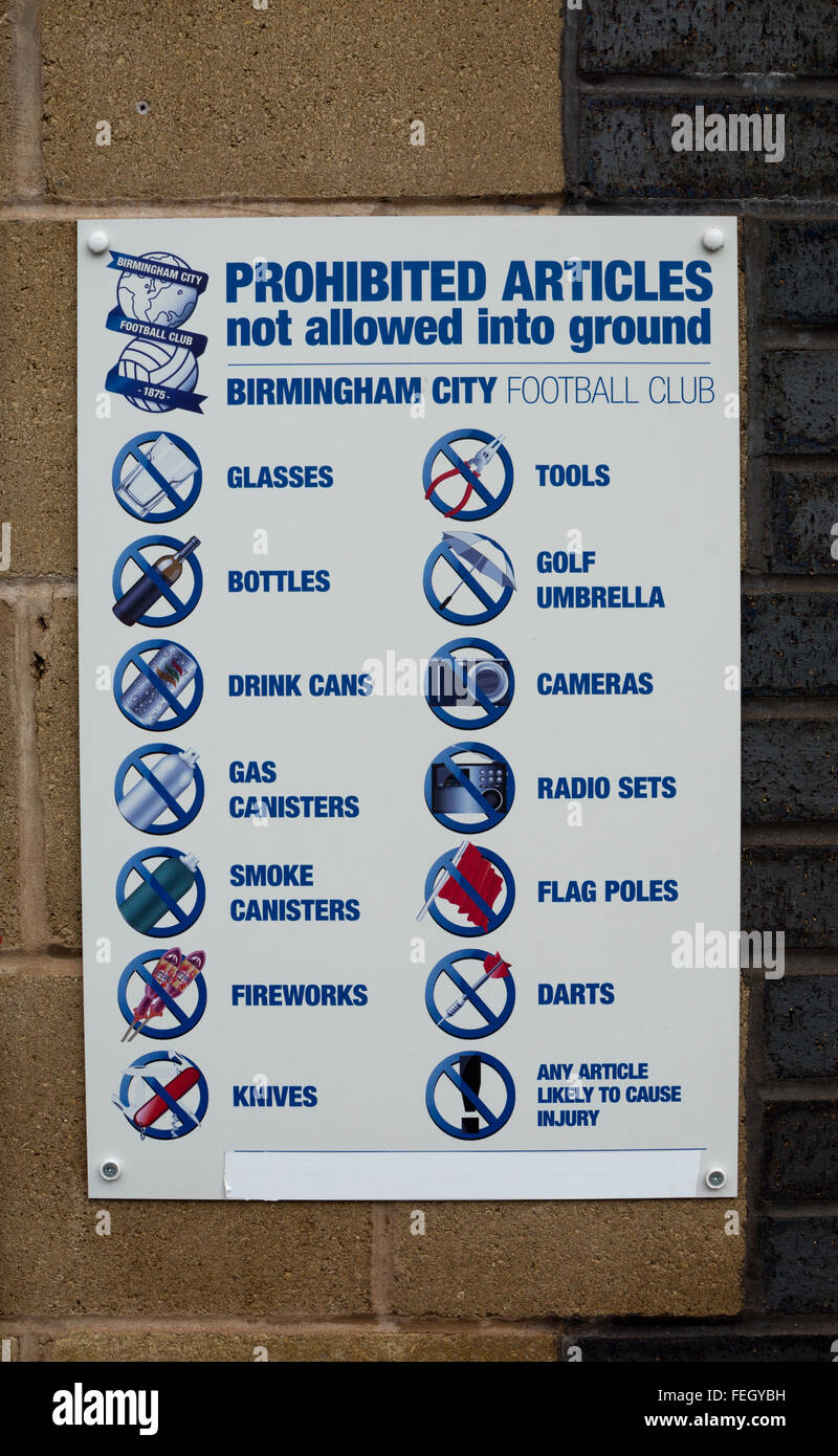 Prohibited articles sign, St. Andrew`s football ground, Birmingham, UK Stock Photo